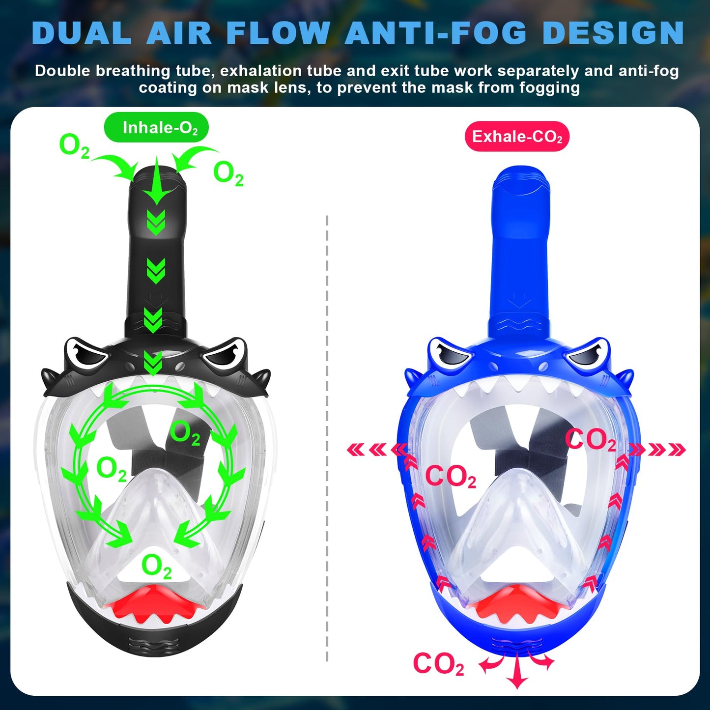 Snorkeling Gear for Kids, Full Face Snorkel Mask for Kids with 180° Panoramic View, Kids Snorkeling Set Featuring Anti-Leak and Anti-Fog Foldable Dry Top Design for Safe Underwater Adventures, 2 Pack