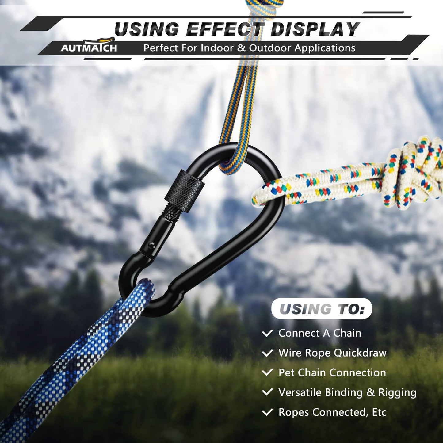 AUTMATCH Carabiner Clips, 3" Carbon Steel Spring Snap Hook Caribeener Clips Buckle Pack Grade Heavy Duty Carabiners Quick Link for Camping, Fishing, Hiking, Traveling, Locking Black, 4 Pack