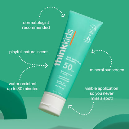 Thinkkids Safe Mineral Sunscreen SPF 50+, 3 Fl Oz, Natural, Water Resistant Reef Safe Sunscreen for Children, Broad Spectrum UVA/UVB Sun Screen