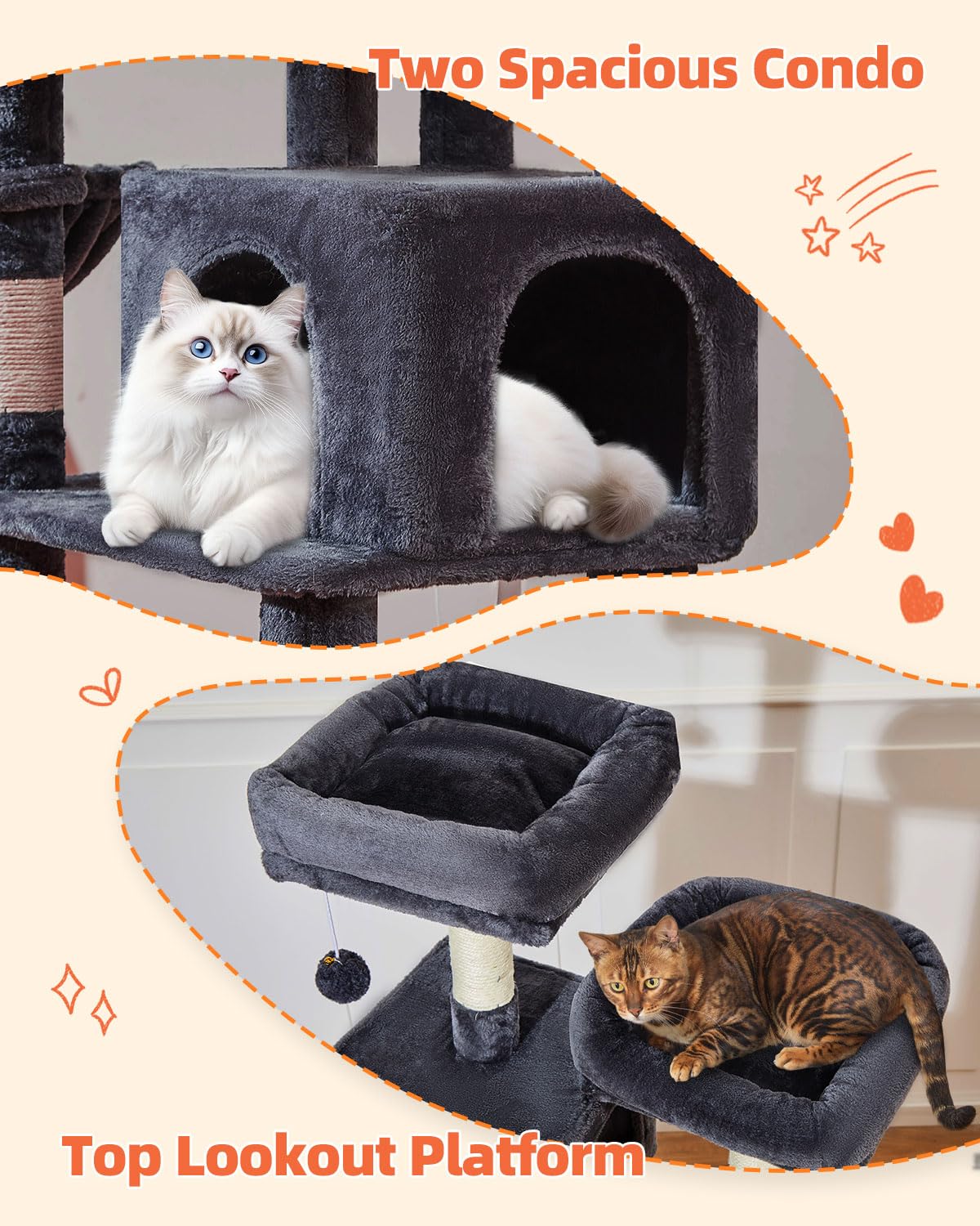 Taoqimiao Cat Tree, 66.2-Inch Cat Tower for Indoor Cats, Plush Multi-Level Cat Condo with 7 Scratching Posts, 2 Perches, 2 Caves, Hammock, 2 Pompoms, Smoky Gray MS013G