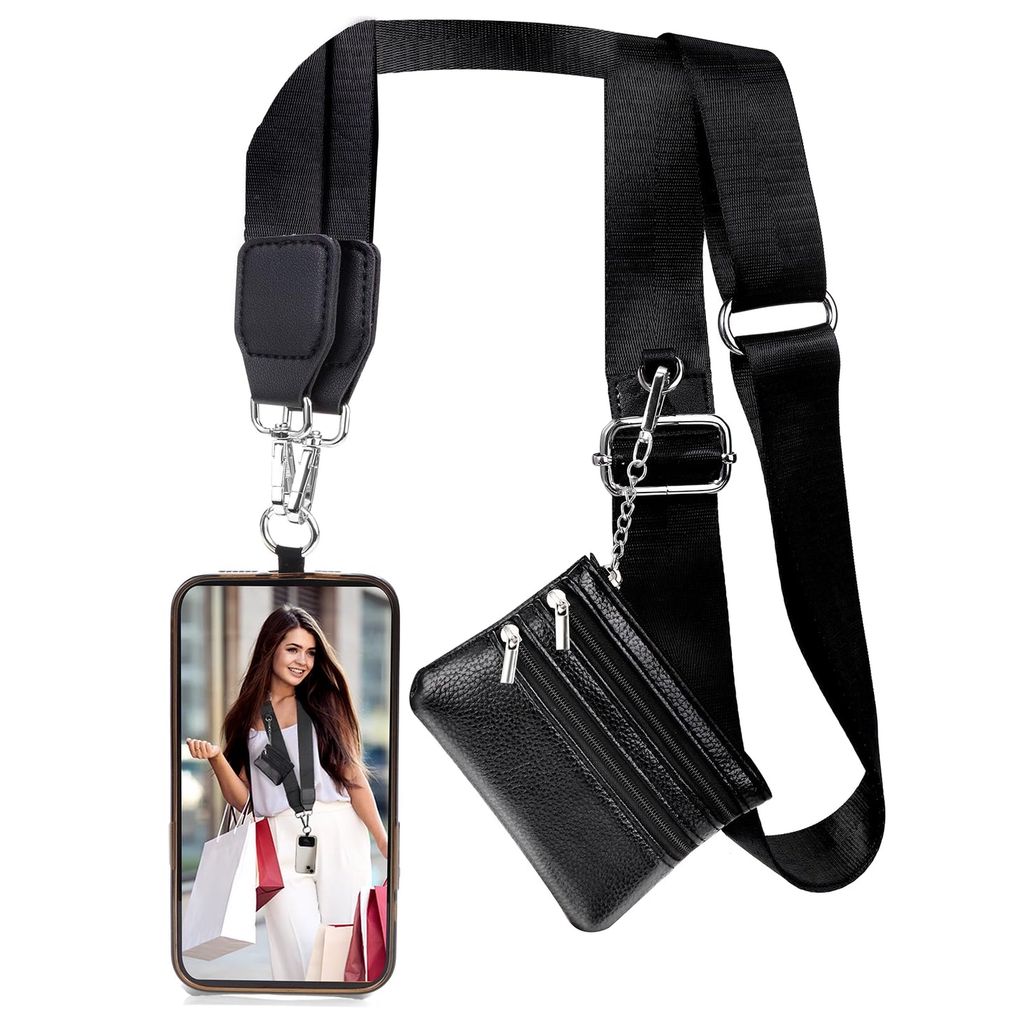 XANGNIER Clip and Go Strap for Phone with Wallet Crossbody, Phone Strap with Zippered Wallet, Adjustable Anti Theft Cellphone Lanyard for Women, Cellphone Chain Accessories, Black