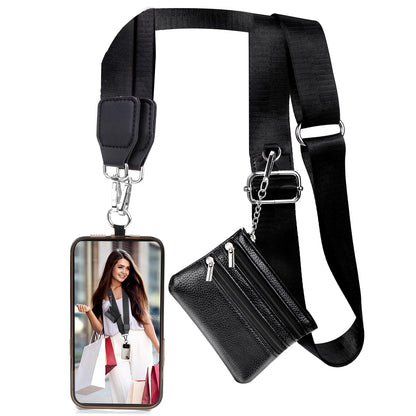 XANGNIER Clip and Go Strap for Phone with Wallet Crossbody, Phone Strap with Zippered Wallet, Adjustable Anti Theft Cellphone Lanyard for Women, Cellphone Chain Accessories, Black