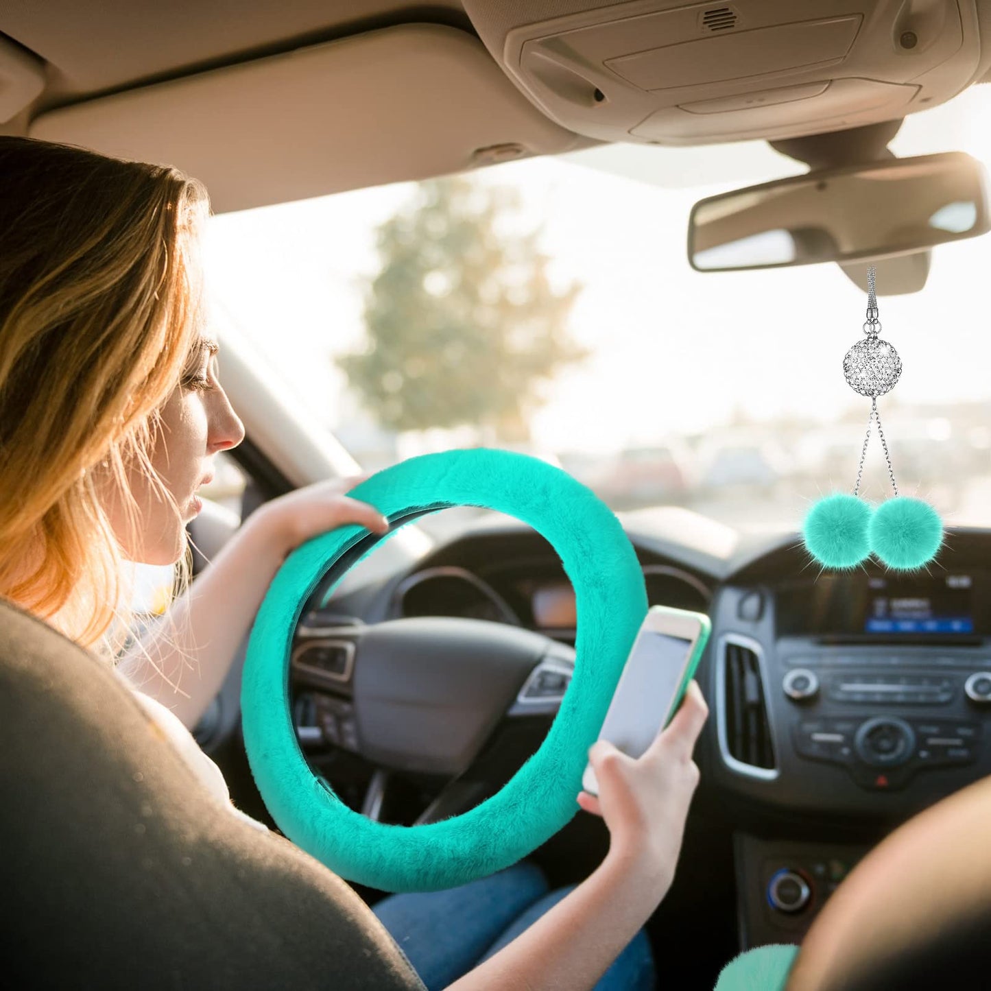Frienda 6 Pieces Fluffy Car Accessories Set Bling Fluffy Steering Wheel Cover Soft Fuzz Handbrake Gear Shift Cover Bling Mirror Fuzz Car Pad Decoration(Mint Green)