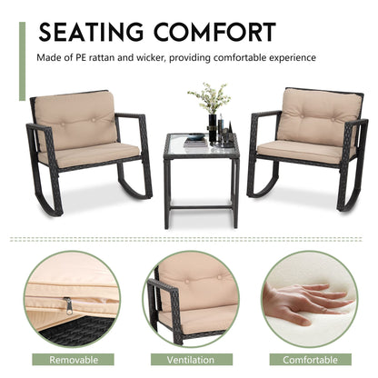 FDW Wicker Patio Furniture Outdoor Bistro Set, Rocking Chair, 3 Piece, Rattan Conversation Set for Backyard Porch Poolside Lawn with Coffee Table,Black