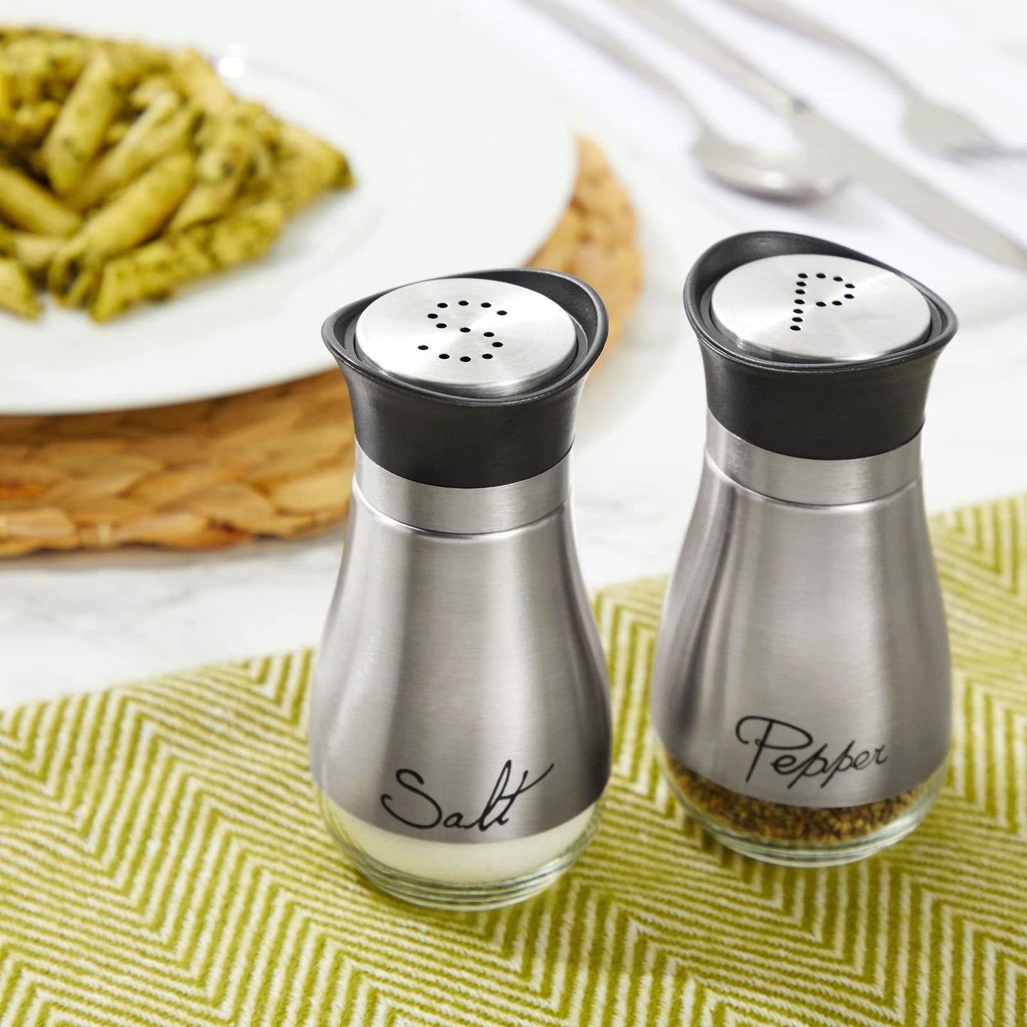 Stainless Steel Salt and Pepper Shaker Set with Glass Bottom, Perforated "S" and "P" Caps - Modern Kitchen Counter Decor (4oz)