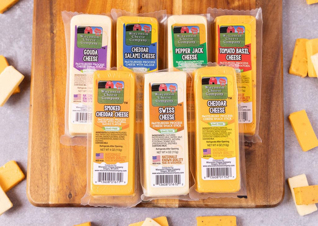 Wisconsin Cheese Company - Specialty 100% Wisconsin Cheese Block Assortment Sampler - (Pack of 7 Blocks) Cheddar, Pepper Jack, Swiss, Gouda, Salami, Smoked Cheddar & Tomato Basil | Locally Sourced | Perfect for Parties, Charcuterie Boards and Birthday Gif