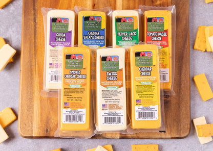 Wisconsin Cheese Company - Specialty 100% Wisconsin Cheese Block Assortment Sampler - (Pack of 7 Blocks) Cheddar, Pepper Jack, Swiss, Gouda, Salami, Smoked Cheddar & Tomato Basil | Locally Sourced | Perfect for Parties, Charcuterie Boards and Birthday Gif