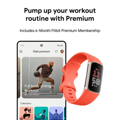 Fitbit Charge 6 Fitness Tracker with Google apps, Heart Rate on Exercise Equipment, 6-Months Premium Membership Included, GPS, Health Tools and More, Gold/Coral, One Size (S & L Bands Included)