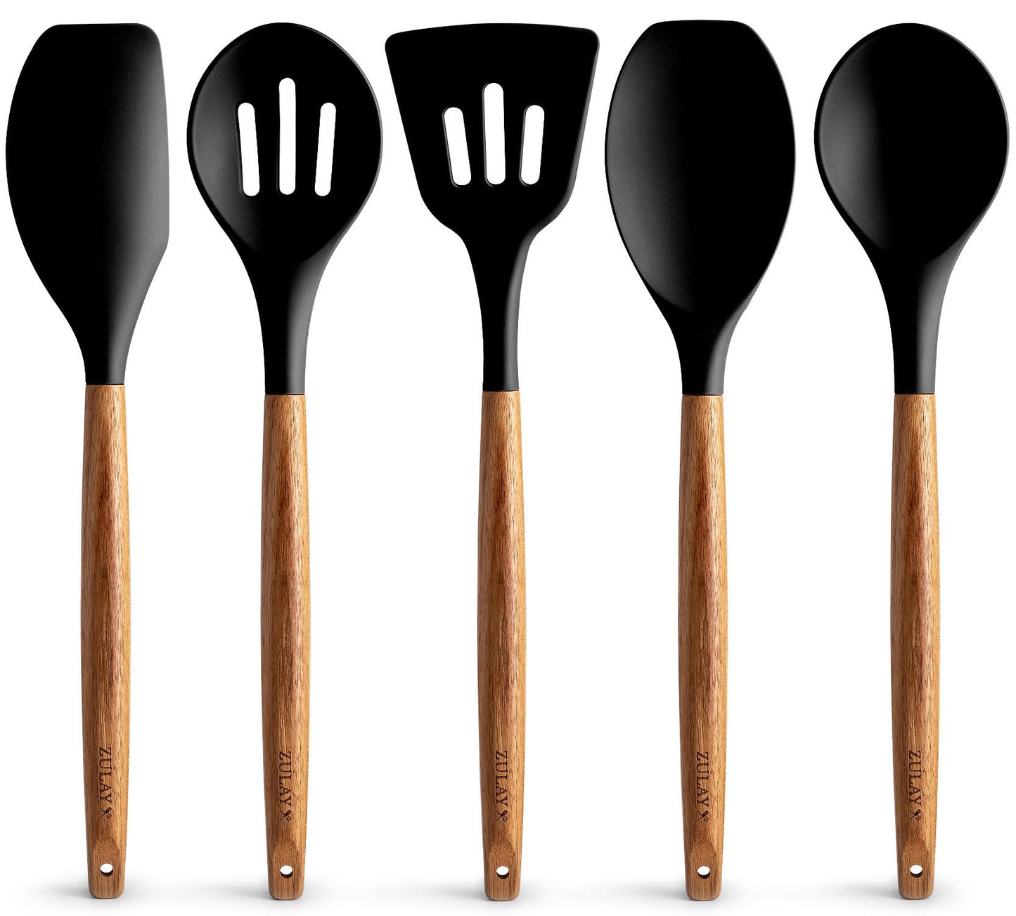 Zulay Kitchen Non-Stick Cooking Utensils Set with Authentic Acacia Wood Handles – 5-Piece Durable & Stylish Silicone Kitchen Utensils Set – Heat Resistant to 464°F – Black