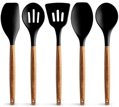 Zulay Kitchen Non-Stick Cooking Utensils Set with Authentic Acacia Wood Handles – 5-Piece Durable & Stylish Silicone Kitchen Utensils Set – Heat Resistant to 464°F – Black