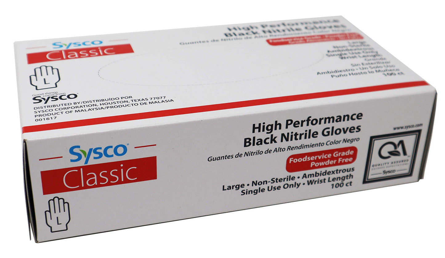 Sysco Nitrile High Performance Gloves, Powder Free, Food Grade, Disposable (100 Gloves Pack) (Large - Black)