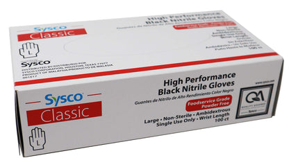 Sysco Nitrile High Performance Gloves, Powder Free, Food Grade, Disposable (100 Gloves Pack) (Large - Black)