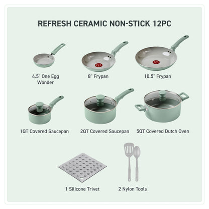 T-Fal Refresh Ceramic Nonstick Cookware Set, Oven Safe Up to 350ºF, 12-Piece, Includes Stockpot, Griddle, Frying Pans, Utensils, Ceramic Pots and Pans Set, Mint Green