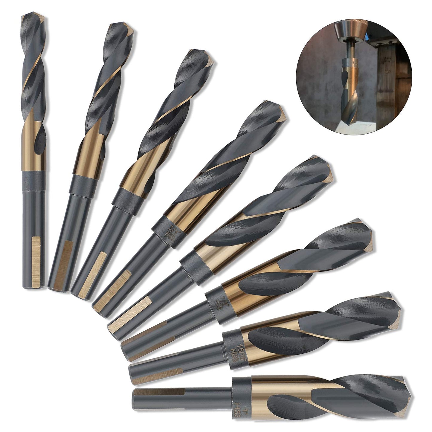 COMOWARE Reduced Shank Drill Bit Set, 8 Sizes from 9/16" to 1", HSS M2, Black & Gold Drill Bit with 3-Flat 1/2" Shank, 135° Split Point, Drills Bits for Metal/Plastic/Wood, with Storage case