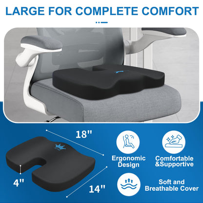 Seat Cushion for Office Chair & Car - Memory Foam Coccyx Support Pillow with Non-Slip Cover, Sciatica & Lower Back Pain Relief,Ergonomic Seat Pad for Long Drives (Medium Firm-Black)