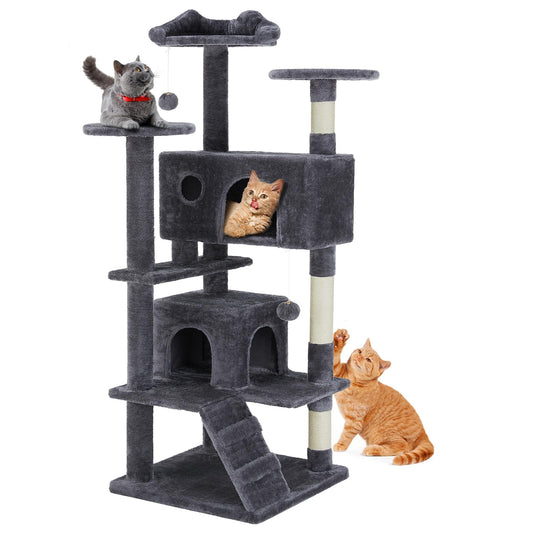 Sweetcrispy 54 Inch Cat Tree Tower, Multi-Level with Cat Scratching Post, Indoor Cat Condo with Climbing Ladder, Plush Toy, Play House for Cat, Grey