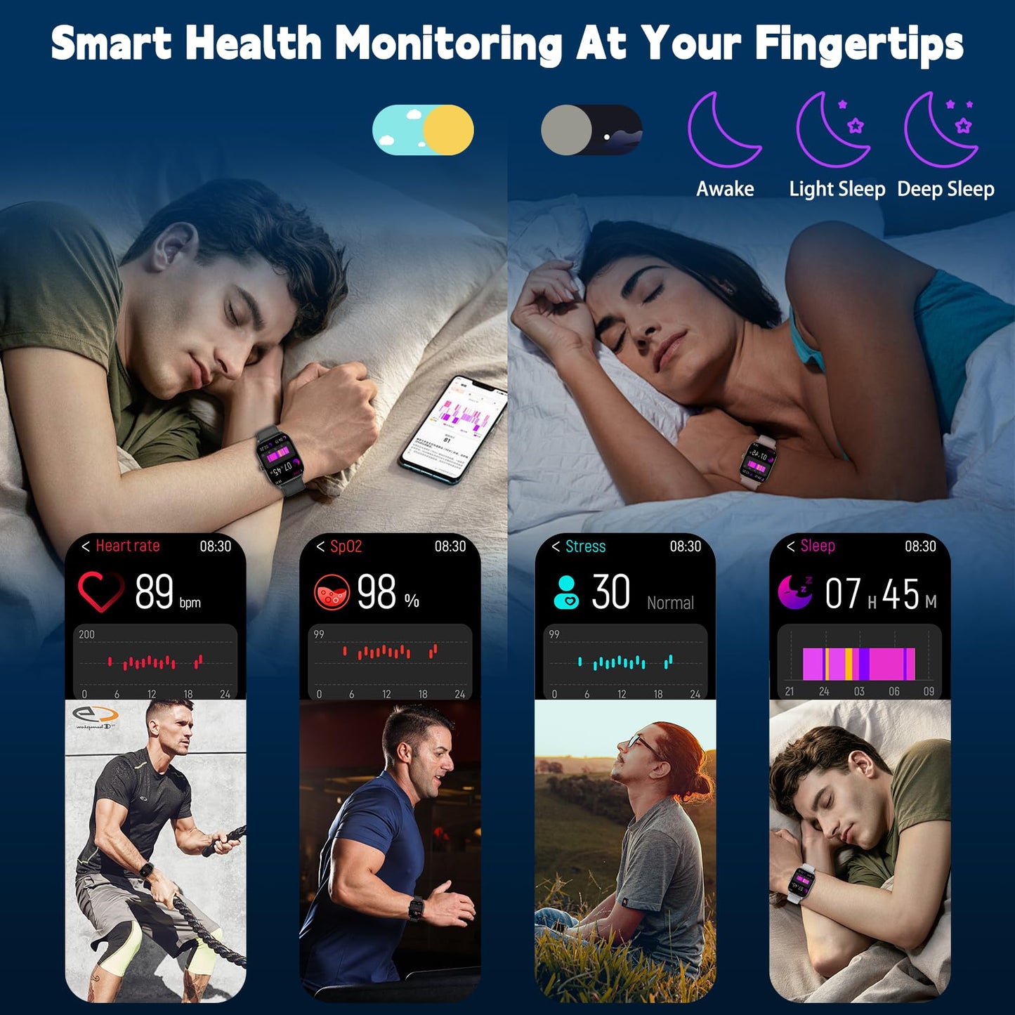 Smart Watch for Women Men(Answer/Make Call), Smartwatches with Heart Rate/SpO2/Sleep/Stress Monitor, IP68 Waterproof Activity Tracker for Android iPhone, 100+ Sports Fitness Watches (Black, 2.01“)