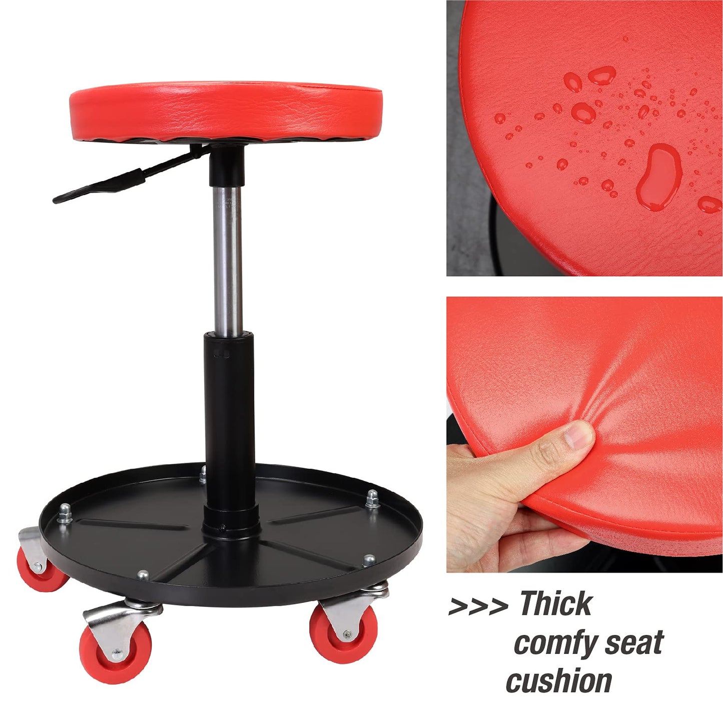 Torin ATRHL6201B Heavy Duty Rolling Pneumatic Creeper Garage/Shop Seat: Padded Adjustable Mechanic Stool with Tool Tray Storage, Red 250 LBS