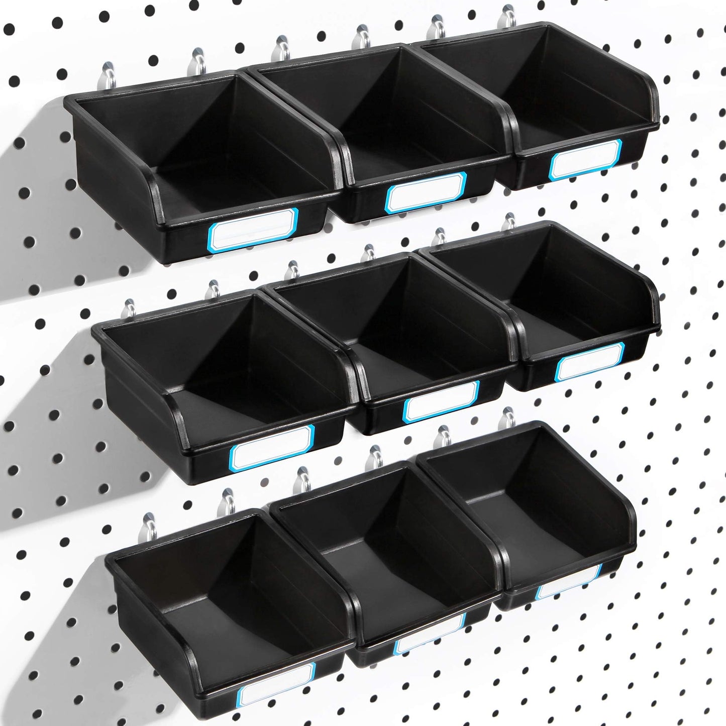 FRIMOONY Pegboard Bins with Hooks and Labels, for Organizing Accessories, 10 Packs, Black
