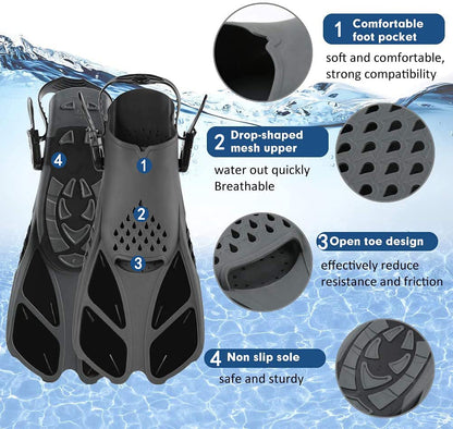 Snorkel Fins, Swim Fins with Adjustable Buckles, Open Heel, Travel Size Short Flippers for Snorkeling, Swimming and Scuba Diving, Light Diving Fins with Mesh Bag for Adult Men Women Kids