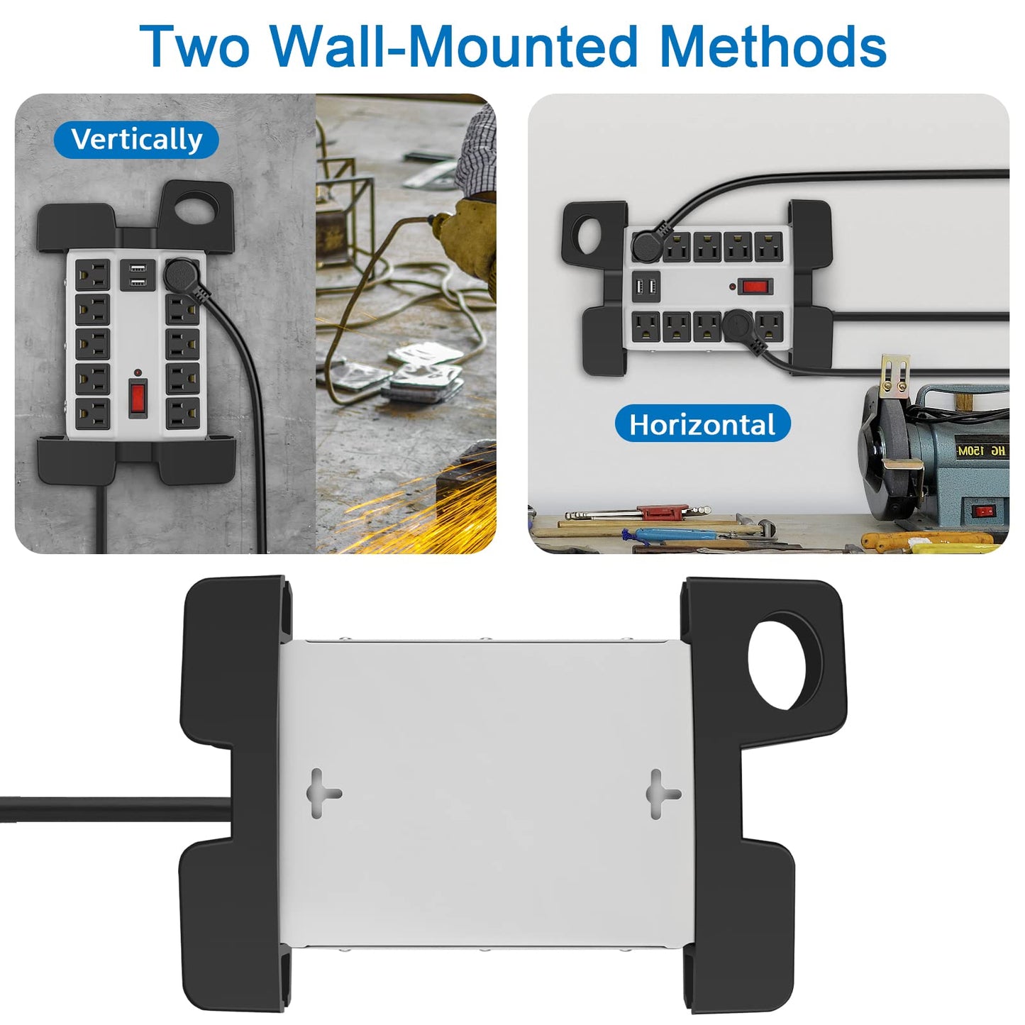 CCCEI Heavy Duty Power Strip with USB Ports, Garage 10 Outlets Surge Protector 2700 Joules, Industrial Workshop Metal 15Amp Multiple Outlets, 6 FT Extension Cord and Wide Spaced Grey.