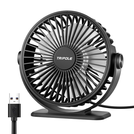 TriPole Desk Fan USB Powered Small Portable Fan, 3 Speeds Adjustable Strong Breeze Mini Personal Fans, 360° Rotation Quiet Plug In USB Fans for Desktop Bedroom Office Table Travel, Black, 4.9ft Cable