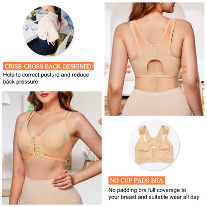 Wonderience Sports Support Bra Post-Surgical Wide Adjustable Straps with Front Closure Wirefree (Beige, Large)