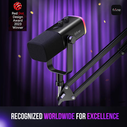 FIFINE XLR/USB Gaming Microphone Set, Dynamic PC Mic for Streaming Podcasting, Computer RGB Mic Kit with Boom Arm Stand, Mute Button, Headphones Jack, for Recording Vocal Voice-Over-AmpliGame AM8T
