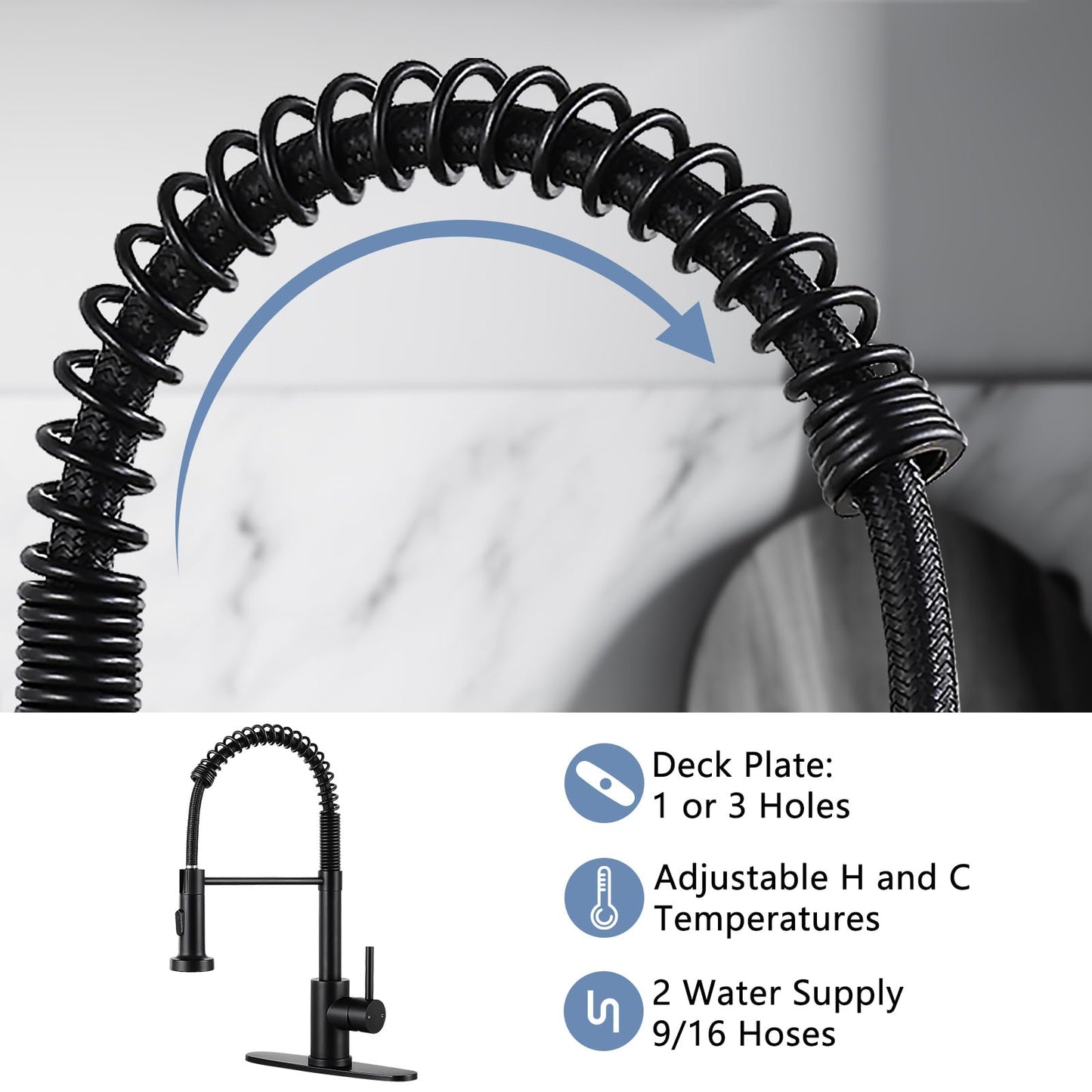 DJS Kitchen Faucets with Pull Down Sprayer Matte Black - Dual Mode Setting Single Handle 1 or 3 Holes Commercial Black Kitchen Sink Faucet with Deck Plate for Farmhouse RV Vessel Basin