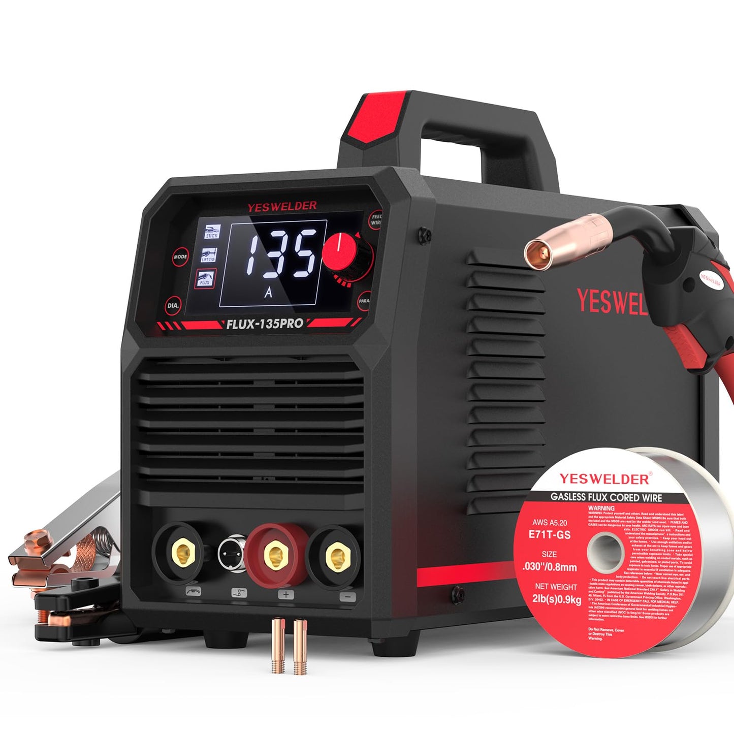 YESWELDER 135Amp MIG Welder,110V Flux Core Welder Flux Core MIG/Lift TIG/Stick 3-in-1 Large LED Digital Display Welding Machine IGBT Inverter Welder FLUX-135PRO