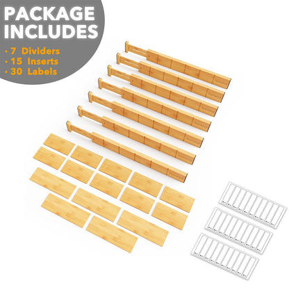 SpaceAid Bamboo Drawer Dividers with Inserts and Labels, Kitchen Adjustable Drawer Organizers, Expandable Organization for Home, Office, Dressers, 7 Dividers with 15 Inserts (17"-22" Natural)