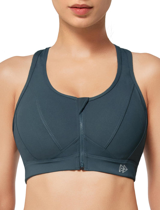 Yvette Zip Front Sports Bra - High Impact Sports Bras for Women Plus Size Workout Fitness Running,Haze Blue,M