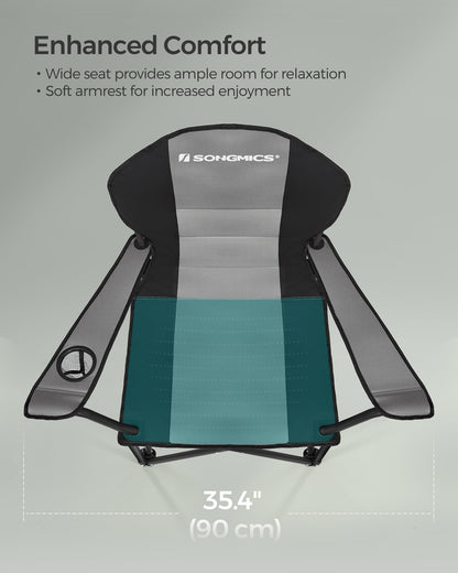 SONGMICS Folding Camping Chair, with Comfortable Sponge Seat, Cup Holder, Heavy Duty Structure, Max Load Capacity 551 lb, Outdoor Picnic Chair, Gray and Black UGCB006G01