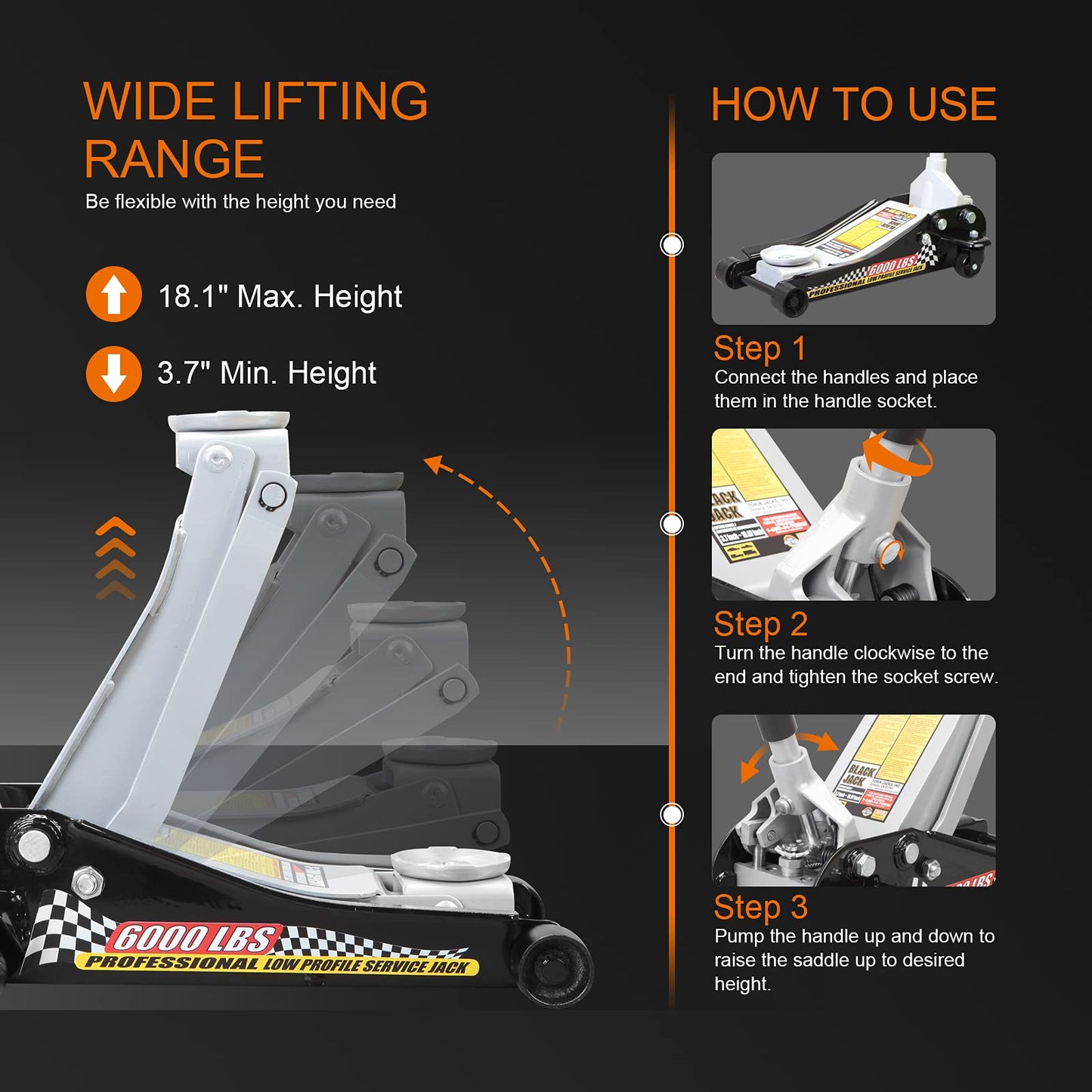 Torin T83505W BlackJack Hydraulic Low Profile Steel Racing Floor Jack with Single Piston Quick Lift Pump, 3 Ton (6,000 lb) Capacity, Black