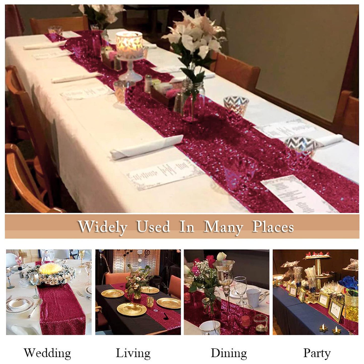 ShinyBeauty Burgundy Table Runner 108 Inches Long Sequin Table Runners 20 Packs Sparkle Maroon Runner for Party Dinning Outdoor Cake Tables Christmas Decor(12X108Inch)