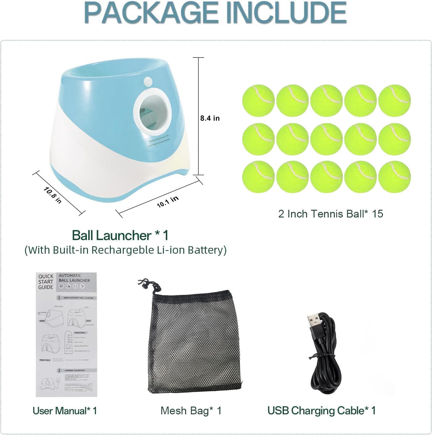 Automatic Dog Ball Launcher, Dog Ball Thrower Machine with 10-30Ft 3 Launching Distance, Interactive Toys for Small Dogs Indoor & Outdoor with 15 Mini Tennis Balls (2 inch) -Blue