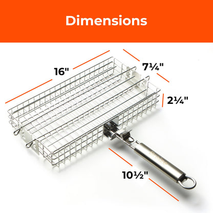 Adjustable Grill Basket w/Removable Handle - 4 Levels of adjustment for endless cooking options - Accessories include basting brush, scrub sponge, & storage bag