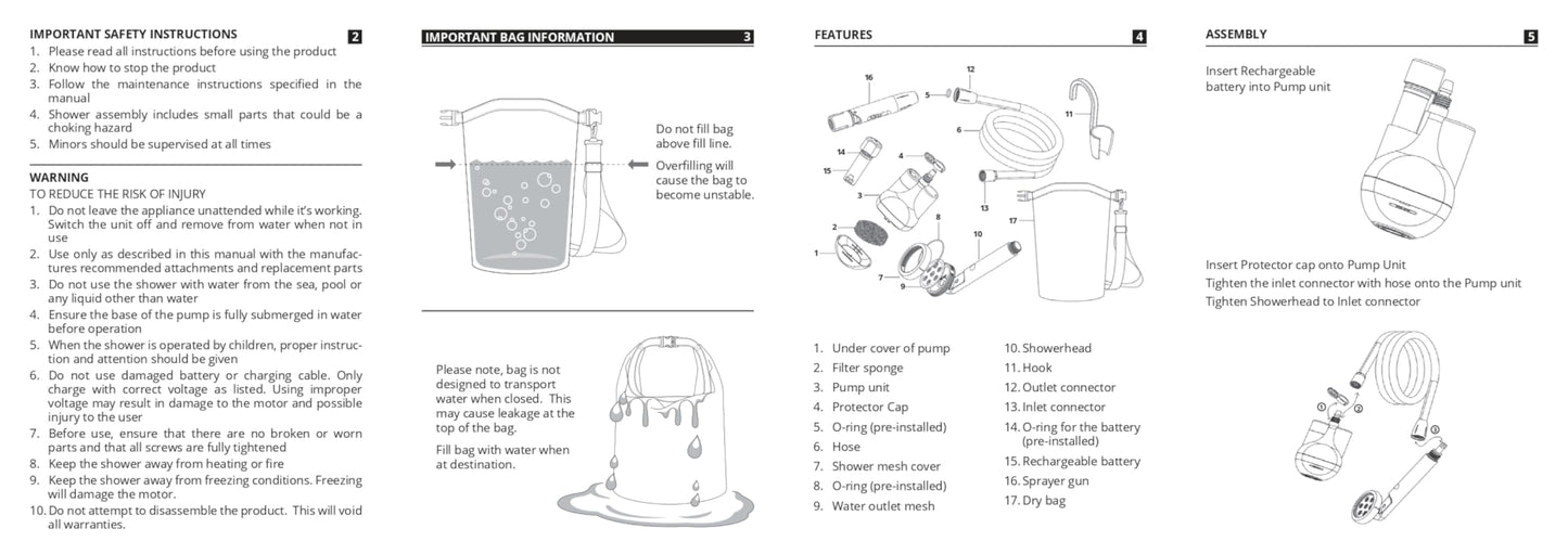 Ridgewinder Portable Shower for Camping with Dry Bag - Camp Shower with Rechargeable Battery and Included 10L Dry Bag for Water Storage. Complete Camping Shower in a Bag (+Sprayer Attachment).