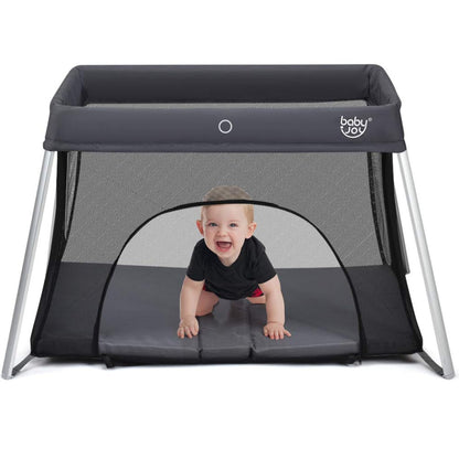 BABY JOY Baby Foldable Travel Crib, 2 in 1 Portable Playpen with Soft Washable Mattress, Side Zipper Design, Lightweight Installation-Free Home Playard with Carry Bag, for Infants & Toddlers (Grey)