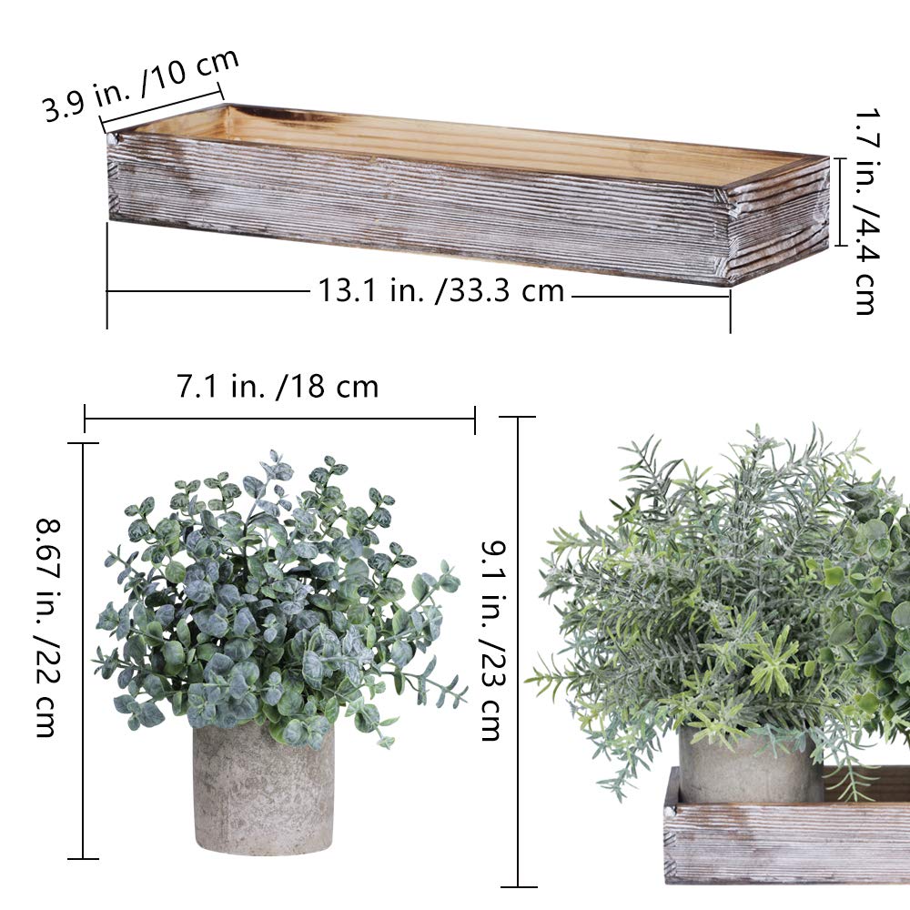 Set of 3 Mini Potted Artificial Eucalyptus Plants Faux Rosemary Plant Assortment with Wood Planter Box for Indoor Office Desk Apartment Wedding Tabletop Greenery Decorations 8.7" Tall