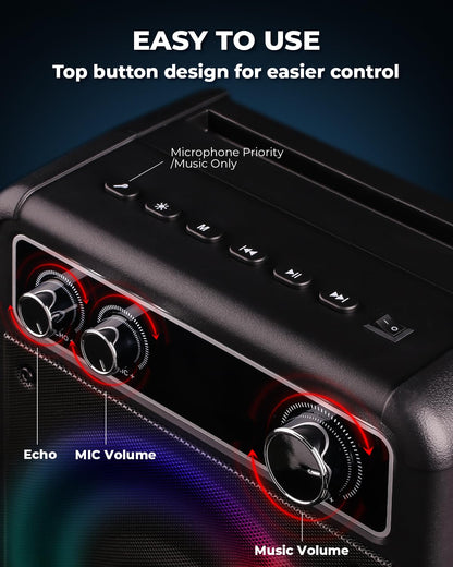 VOSOCO Karaoke Machine, Portable Bluetooth Karaoke Speaker with 2 Wireless Microphones, PA System for Adults Kids with LED Lights, Supports FM/AUX/USB/TF for Home Party