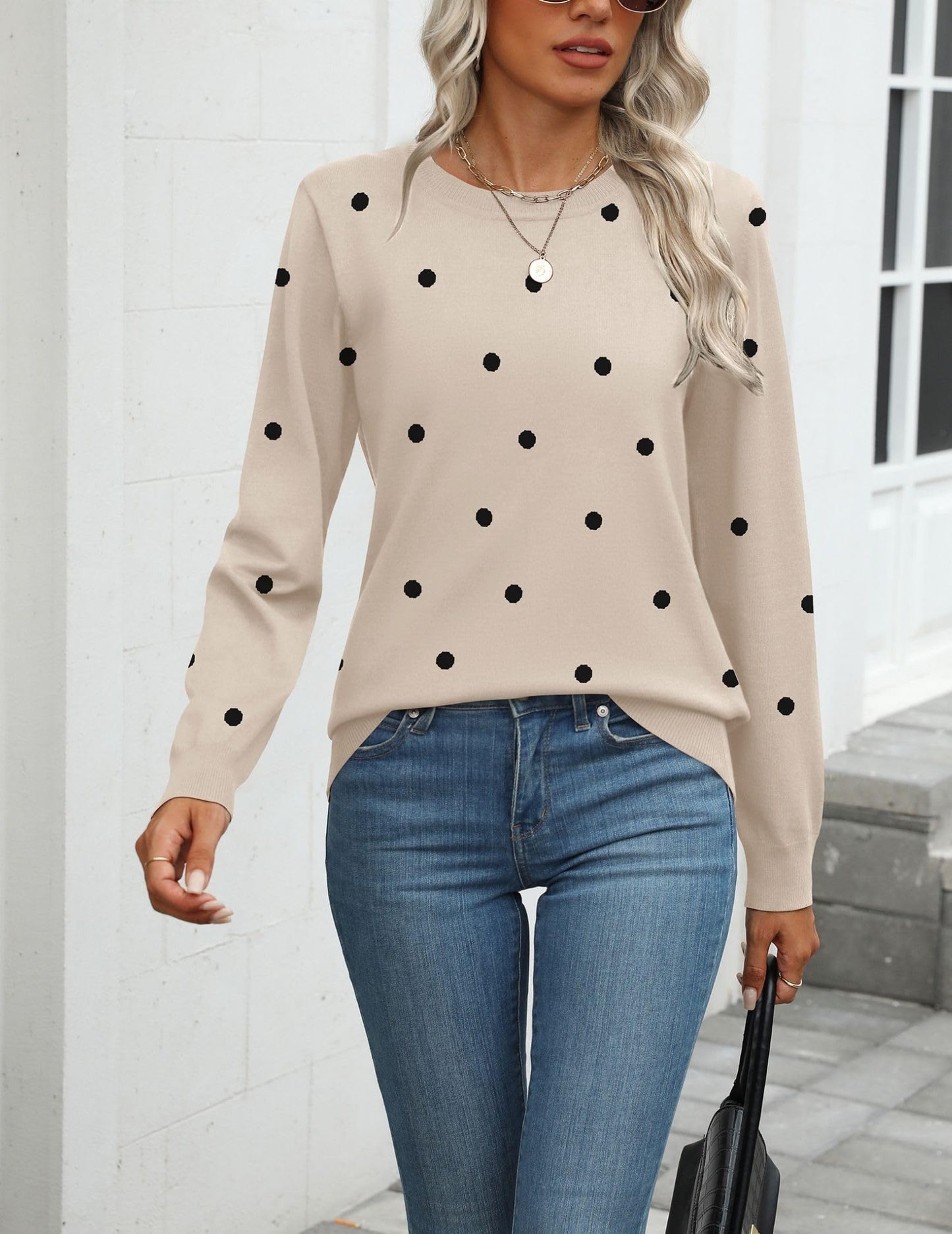 Zeagoo Womens 2025 Fall Sweaters Long Sleeve Tops Classic Crew Neck Pullover Sweaters Loose Dressy Polka Dot Basic Tops