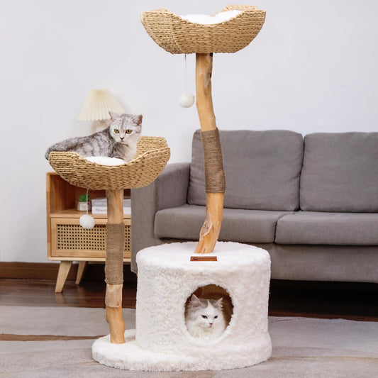 U-Moving 46" Natural Wood Cat Tree for Large Cats – Modern Feline Tower with Scratching Posts, Real Branch Design & Luxury Gift for Cat Lovers