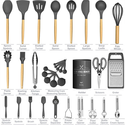Umite Chef Silicone Kitchen Utensil Set, 34PCS Heat Resistant Kitchen Gadgets and Tools With Grater, Wood Handles for Nonstick Cookware (Dark Gray)