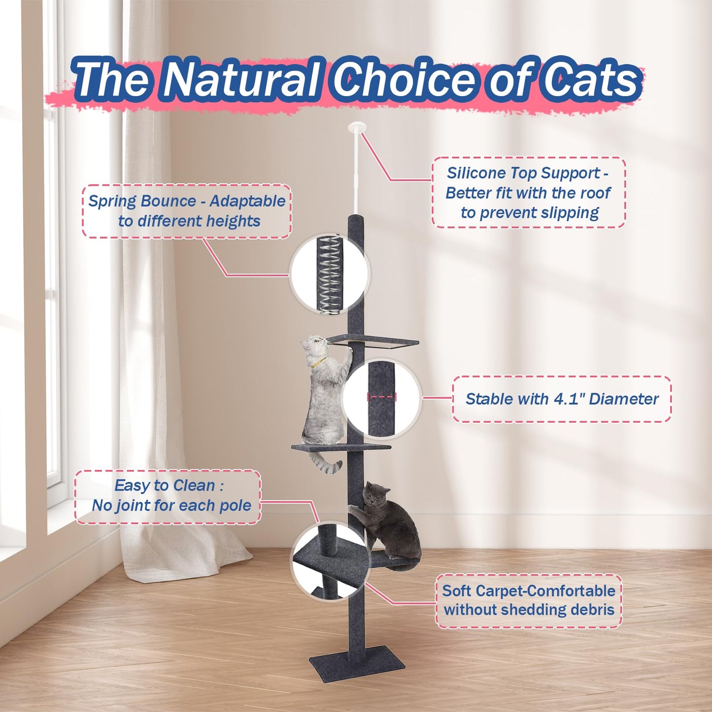Cat Craft Cat Tree Floor to Ceiling 95-108" Tall Cat Tree Carpet Cat Tower Kitten Tree Sisal Scratching Post and Mat Cat Pole for Indoor Cats, Charcoal, Style A