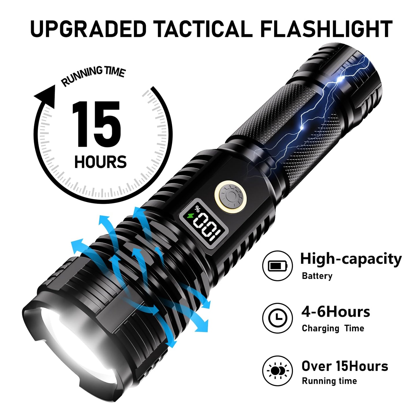 Flashlights High Lumens Rechargeable, LED Super Bright Flash Light Long Beam, Zoomable Linternas with LCD Digital Display, 5 Mode, Waterproof, Powerful Tactical Flashlight for Emergencies Camping Gift