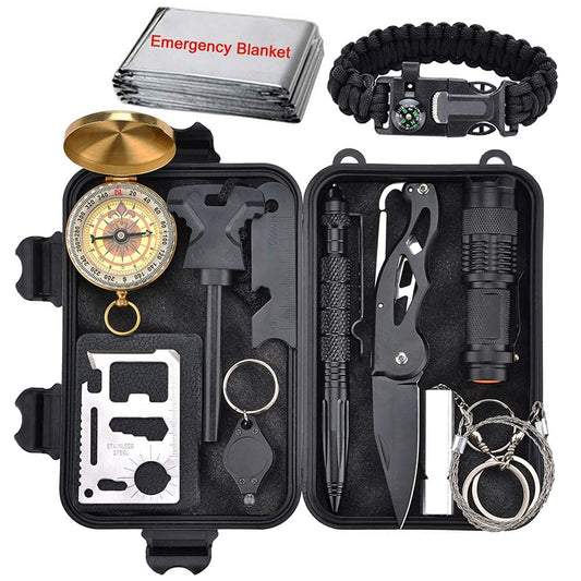 XUANLAN Emergency Survival Kit 13 in 1, Outdoor Survival Gear Tool with Survival Bracelet, Fire Starter, Whistle, Wood Cutter, Water Bottle Clip, Pen (Survival Kit 2)