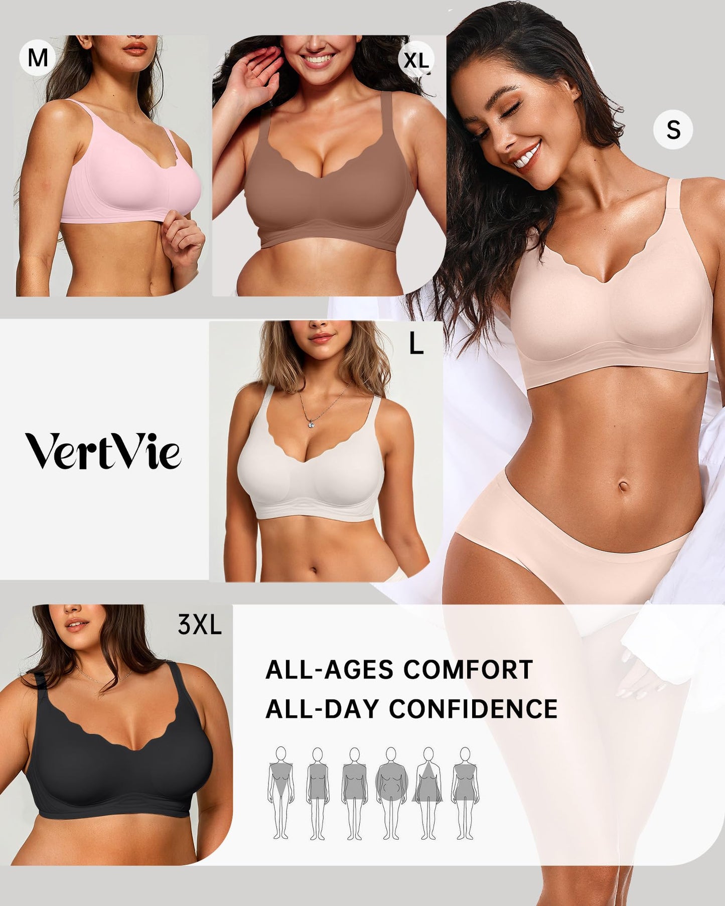 Vertvie Womens Seamless Bras No Underwire Supportive Wireless Push Up Full Coverage Bralette Comfort Scalloped T-Shirt Bra(Skin,Medium)