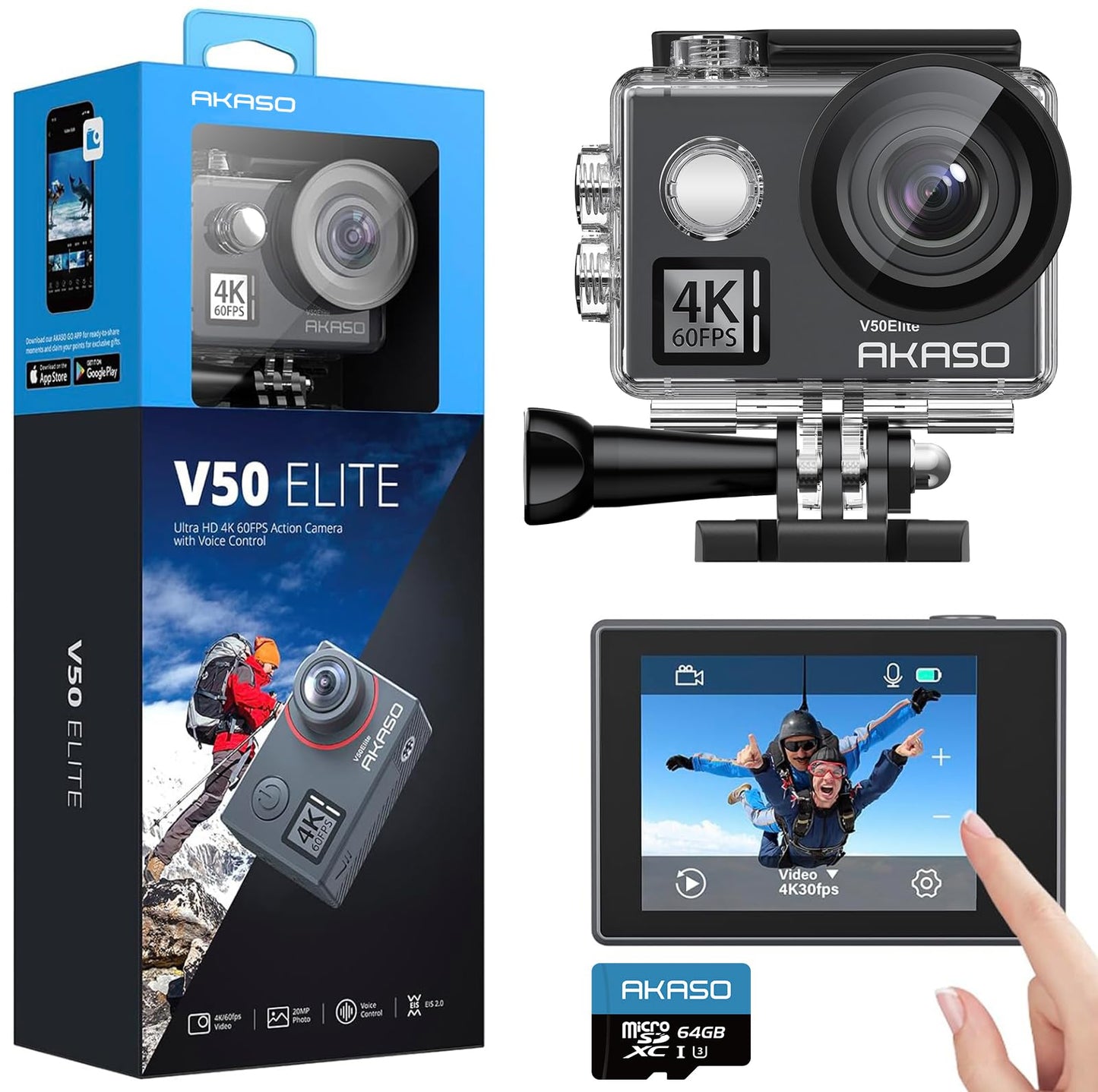 AKASO V50 Elite 4K60fps Touch Screen WiFi Action Camera Voice Control EIS 131 feet Waterproof Camera 8X Zoom Remote Control (with 64GB MicroSD Card)