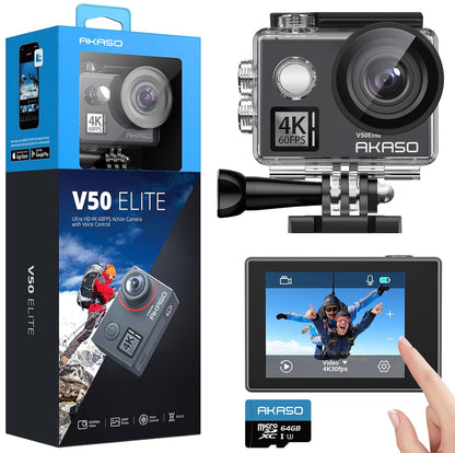 AKASO V50 Elite 4K60fps Touch Screen WiFi Action Camera Voice Control EIS 131 feet Waterproof Camera 8X Zoom Remote Control (with 64GB MicroSD Card)